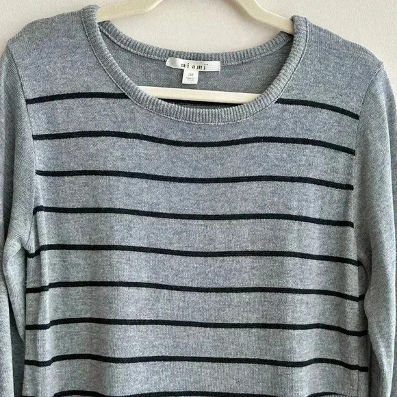 Miami Black Striped Crewneck Grey Pullover Sweater, Tulip Front, Size Medium - Picture 3 of 16